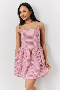 Online In The Style Seersucker Gingham Shir Mini Dress Red