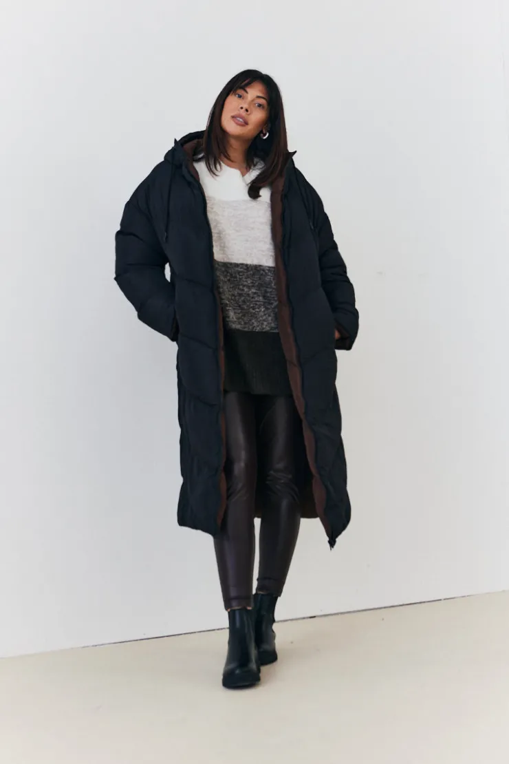 In the Style Reversible Hooded Longline Puffer Coat Chocolate