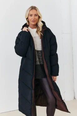 In the Style Reversible Hooded Longline Puffer Coat Chocolate