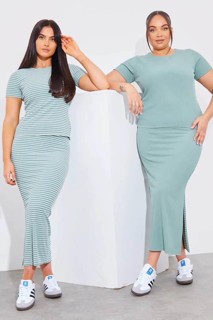In The Style Reversible Stripe Co-Ord Midi Skirt Sage