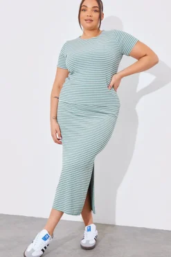 In The Style Reversible Stripe Co-Ord Midi Skirt Sage