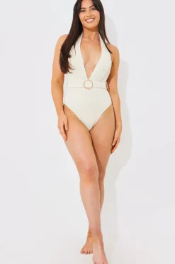 Online In the Style Rib Belted Halterneck Swimsuit Cream