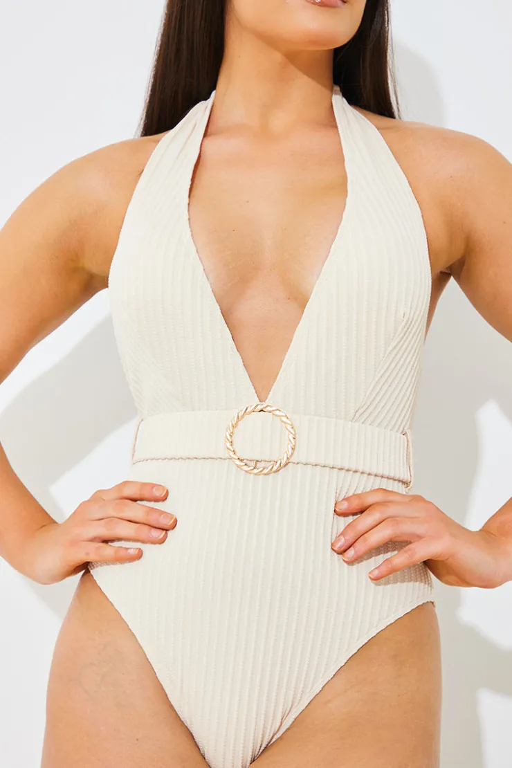 Online In the Style Rib Belted Halterneck Swimsuit Cream