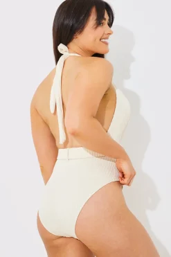 Online In the Style Rib Belted Halterneck Swimsuit Cream