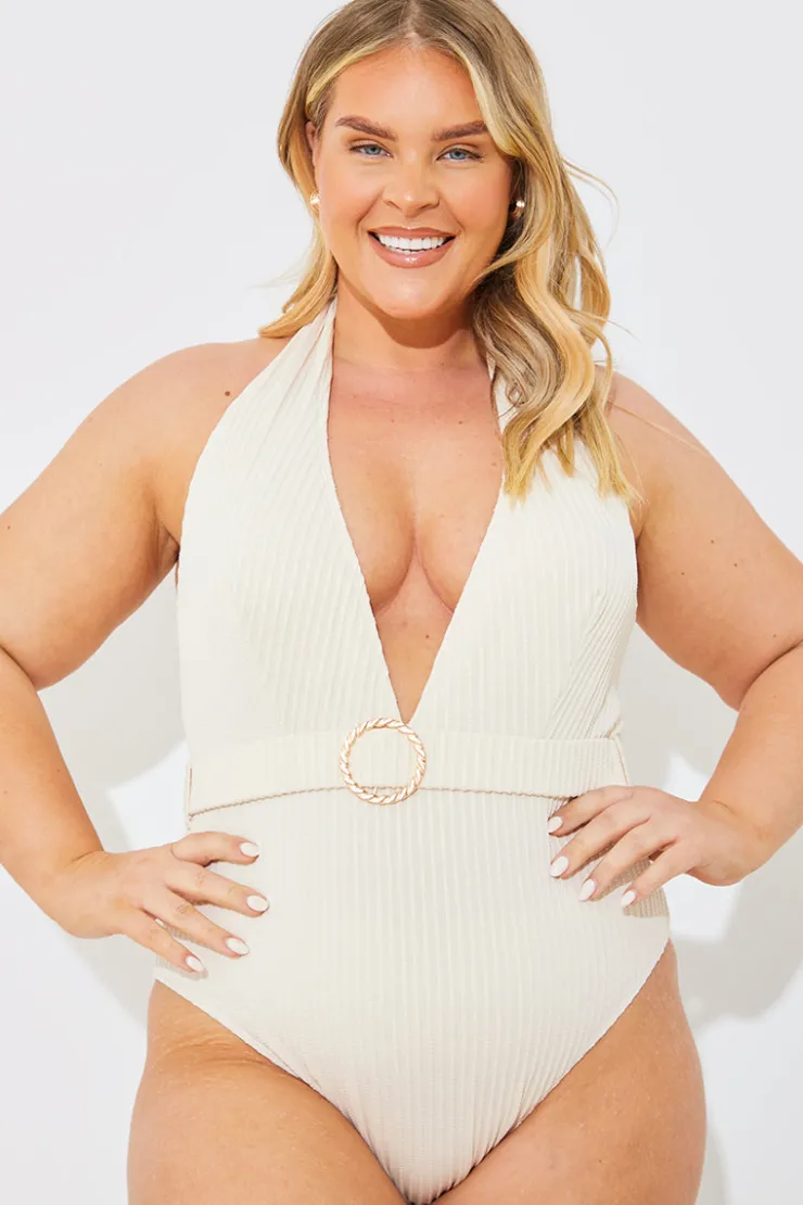 Online In the Style Rib Belted Halterneck Swimsuit Cream