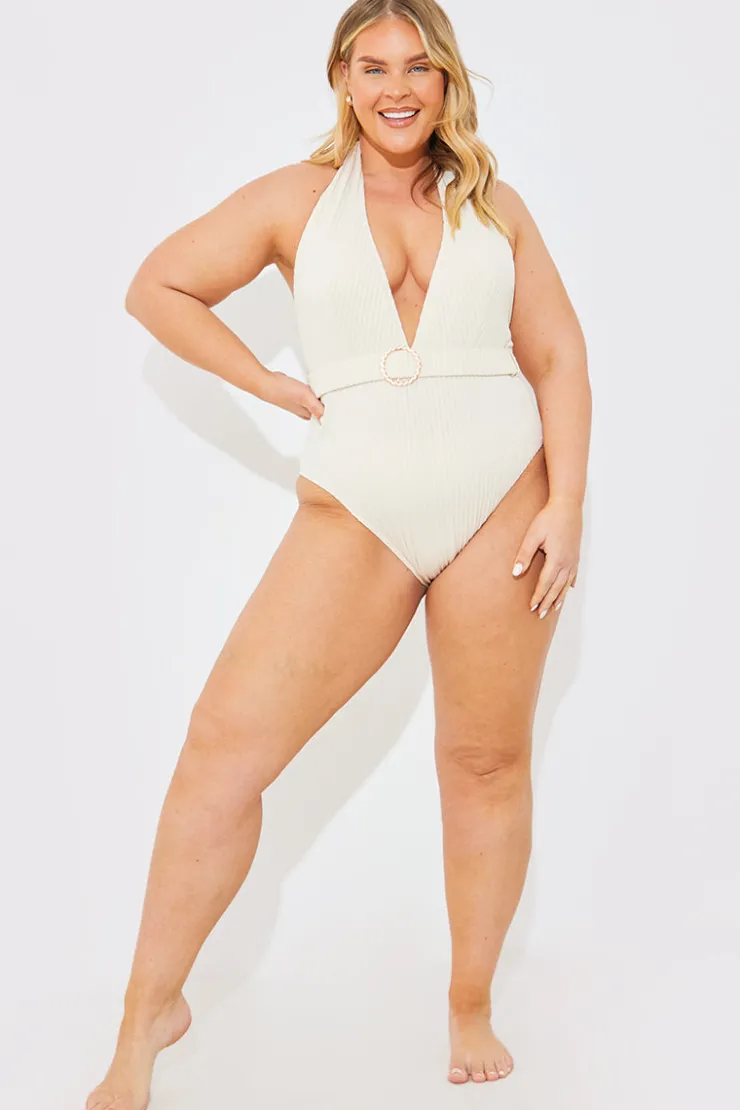 Online In the Style Rib Belted Halterneck Swimsuit Cream