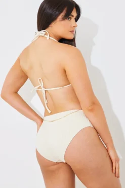 New In the Style Rib Boomerang High Leg Bikini Bottom Cream