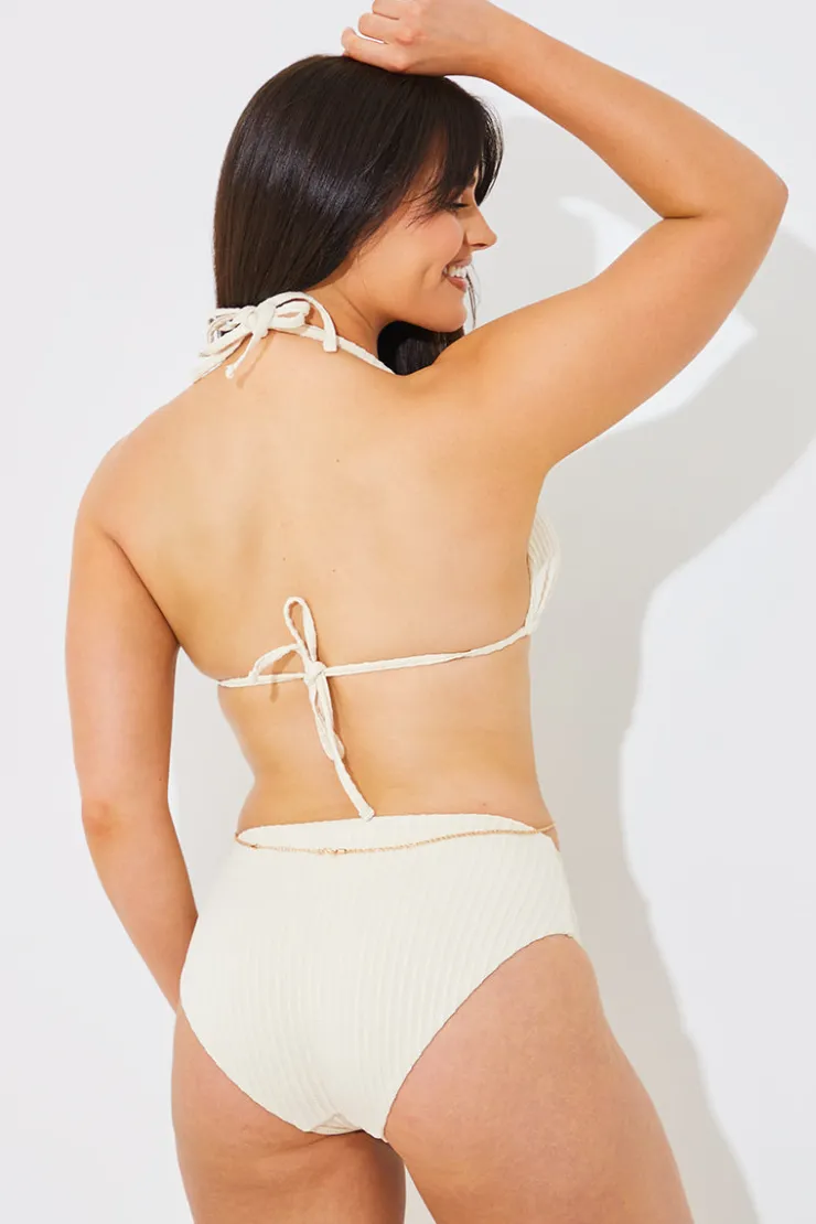 New In the Style Rib Double Strap Detail Triangle Bikini Top Cream