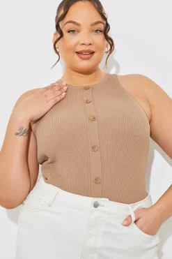 New In The Style Rib Knit Button Detail Racer Neck Bodysuit Neutral