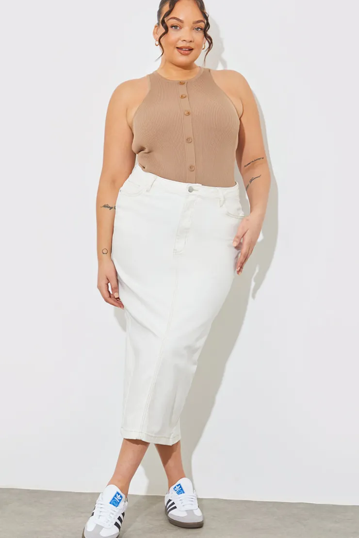 New In The Style Rib Knit Button Detail Racer Neck Bodysuit Neutral