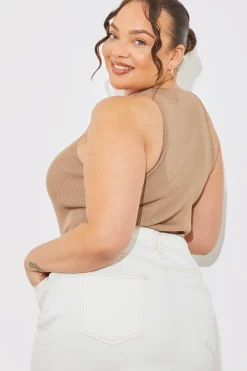 New In The Style Rib Knit Button Detail Racer Neck Bodysuit Neutral