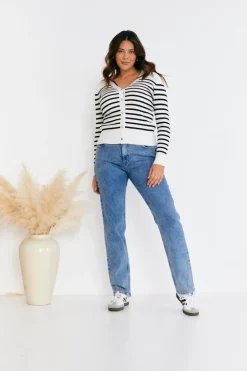 In The Style Rib Knit Button Up Stripe Cardigan Cream