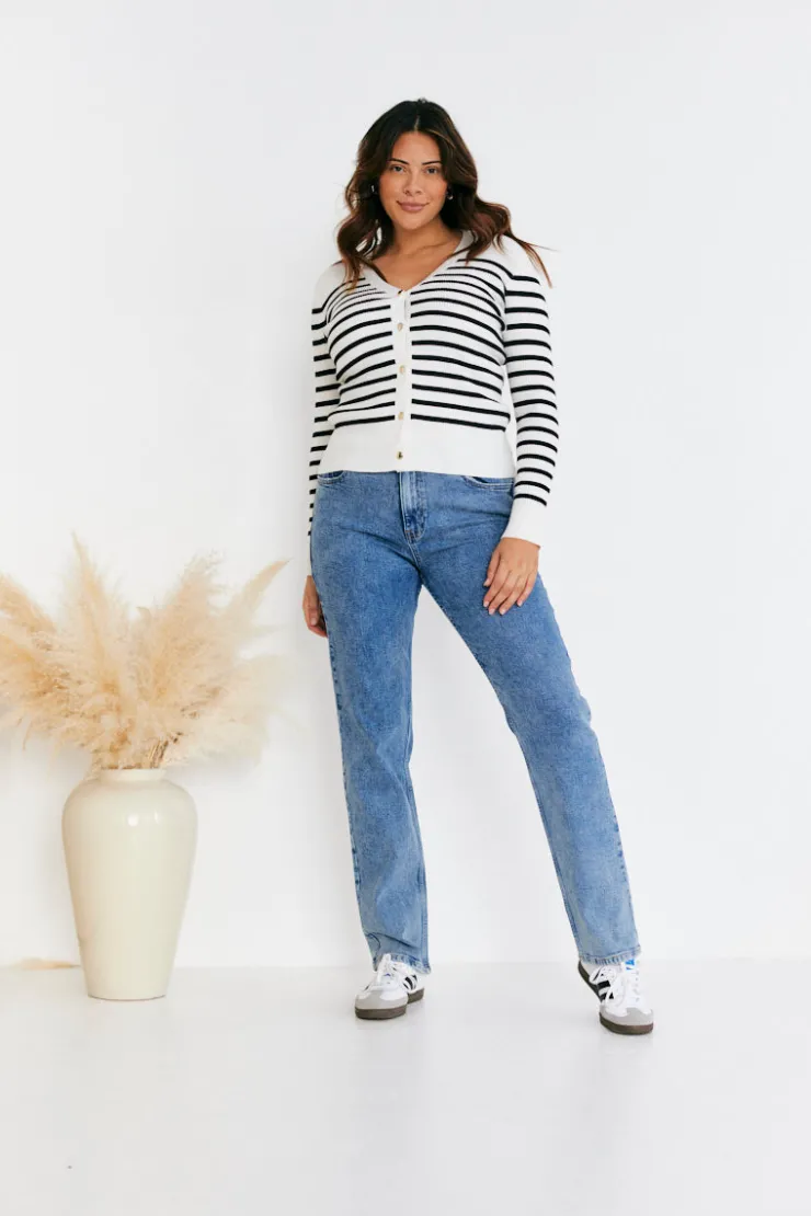 In The Style Rib Knit Button Up Stripe Cardigan Cream