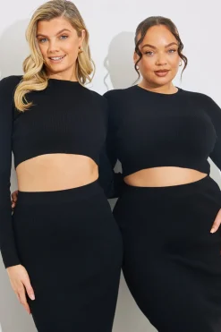 In The Style Rib Knit Crew Neck Co-Ord Top Black