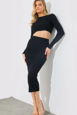 In The Style Rib Knit Crew Neck Co-Ord Top Black