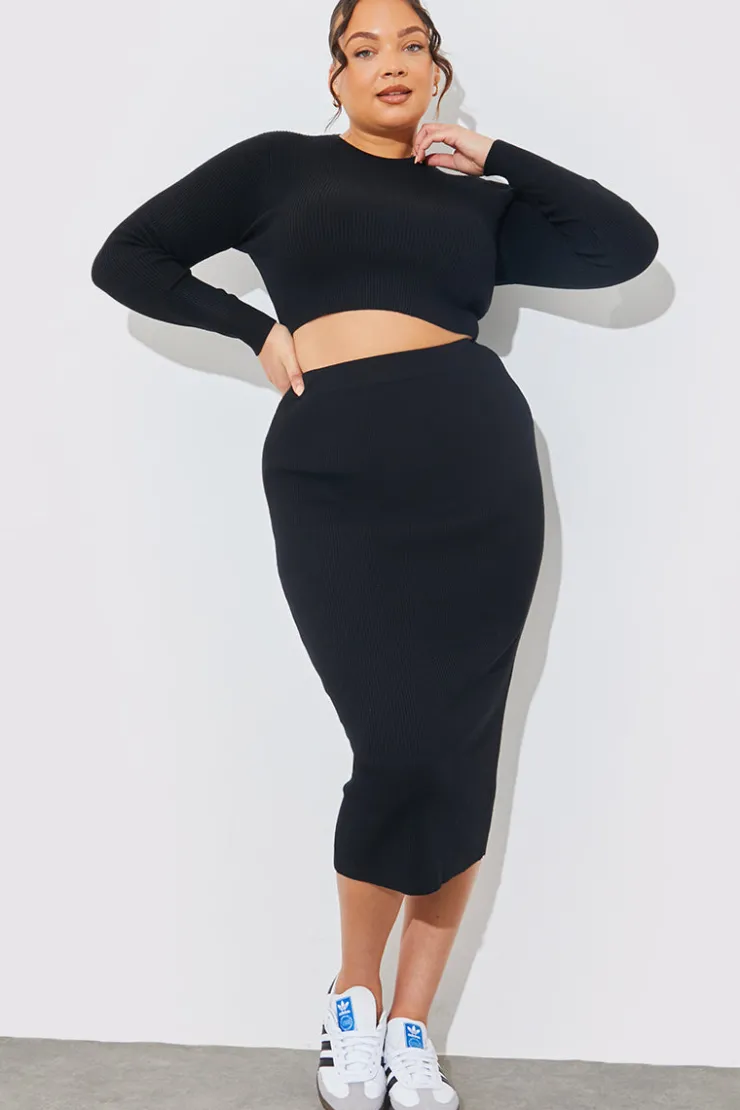 In The Style Rib Knit Crew Neck Co-Ord Top Black
