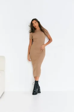 In The Style Rib Knit Crew Neck Midaxi Dress Neutral