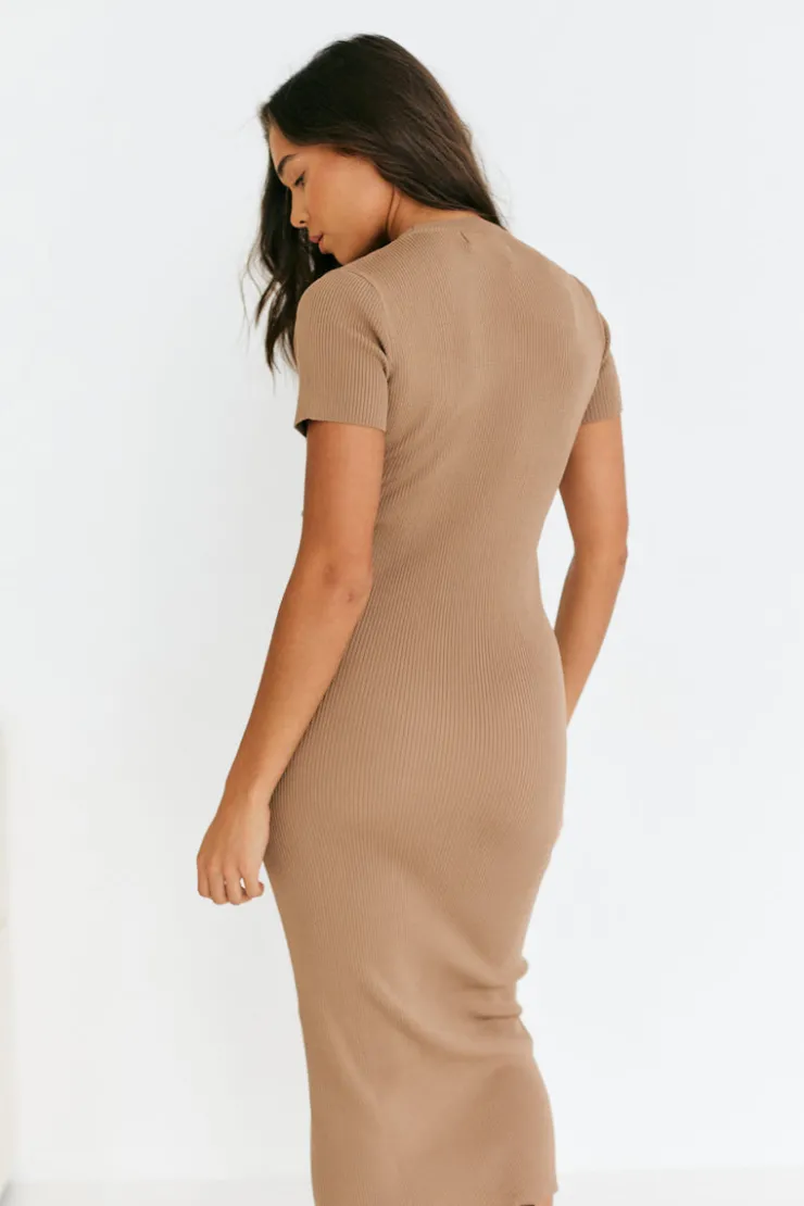 In The Style Rib Knit Crew Neck Midaxi Dress Neutral