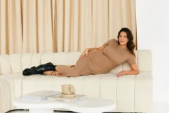 In The Style Rib Knit Crew Neck Midaxi Dress Neutral