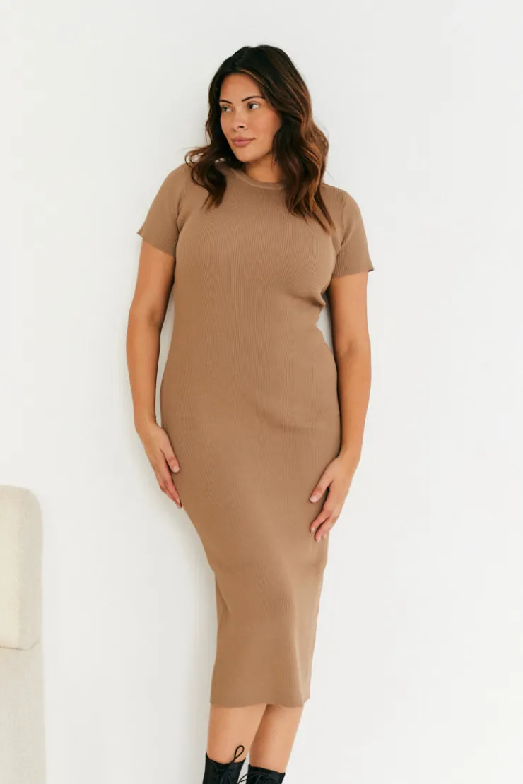 In The Style Rib Knit Crew Neck Midaxi Dress Neutral
