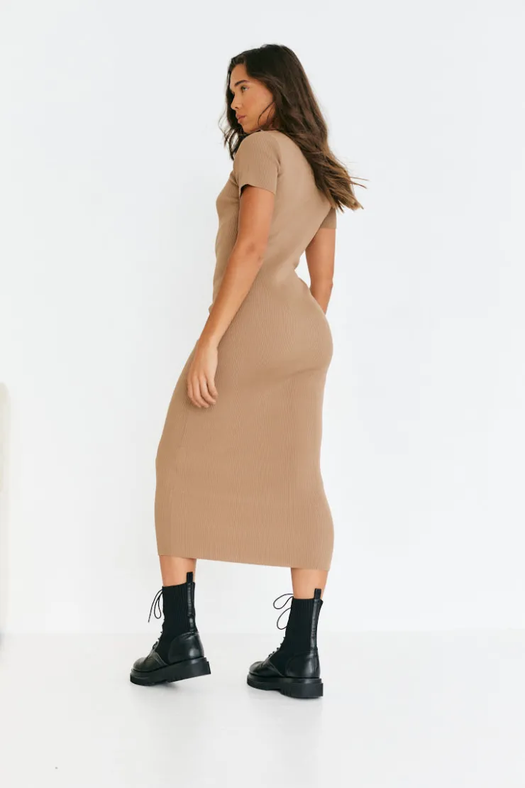 In The Style Rib Knit Crew Neck Midaxi Dress Neutral