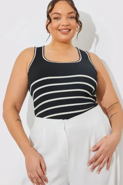 Outlet In The Style Rib Knit Scoop Neck Stripe Top Black