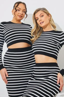 Clearance In The Style Rib Knit Stripe Crew Neck Co-Ord Top Black