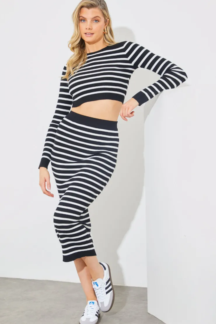 Clearance In The Style Rib Knit Stripe Crew Neck Co-Ord Top Black