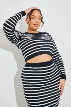 Clearance In The Style Rib Knit Stripe Crew Neck Co-Ord Top Black
