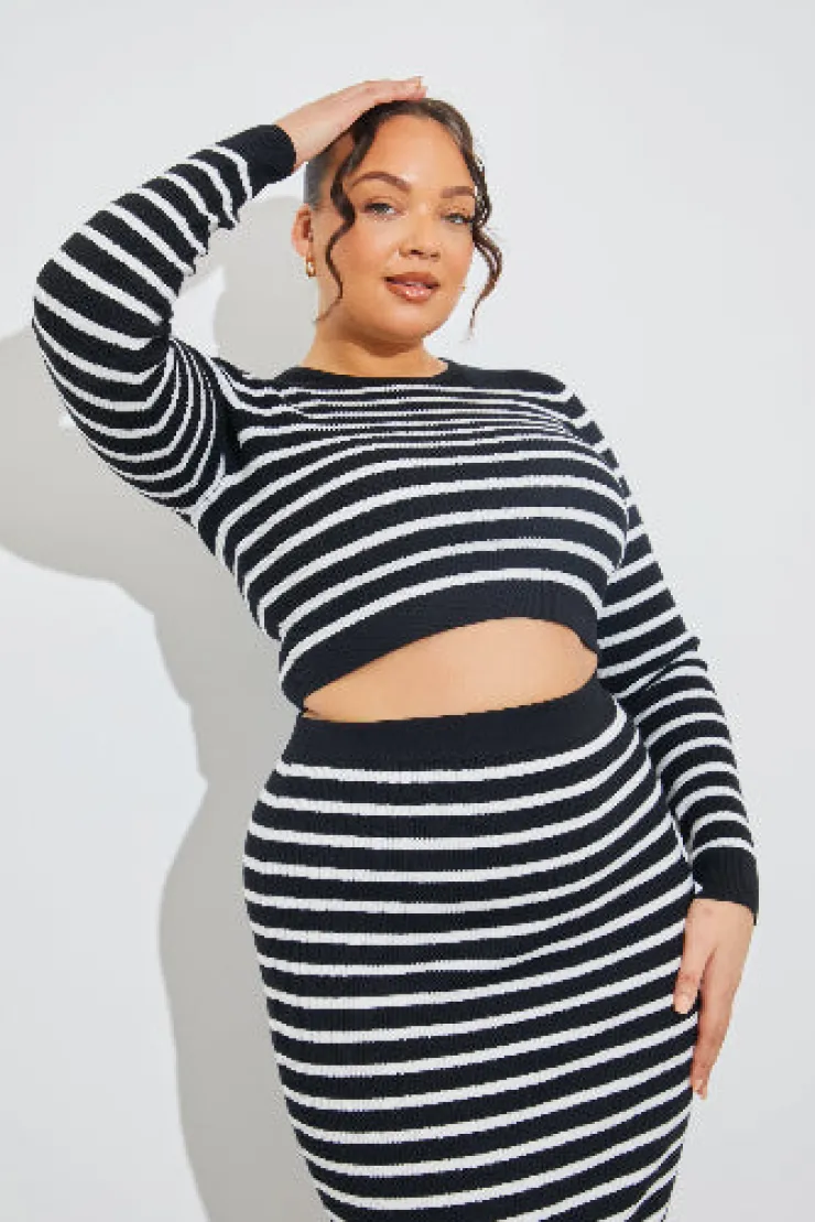 Clearance In The Style Rib Knit Stripe Crew Neck Co-Ord Top Black