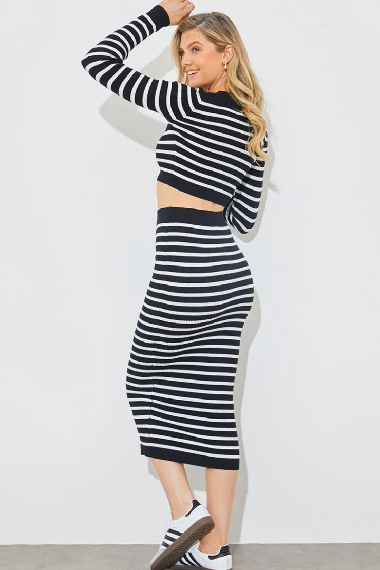 New In The Style Rib Knit Stripe High Waisted Co-Ord Midi Skirt Black