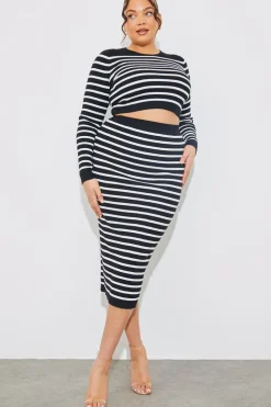 New In The Style Rib Knit Stripe High Waisted Co-Ord Midi Skirt Black