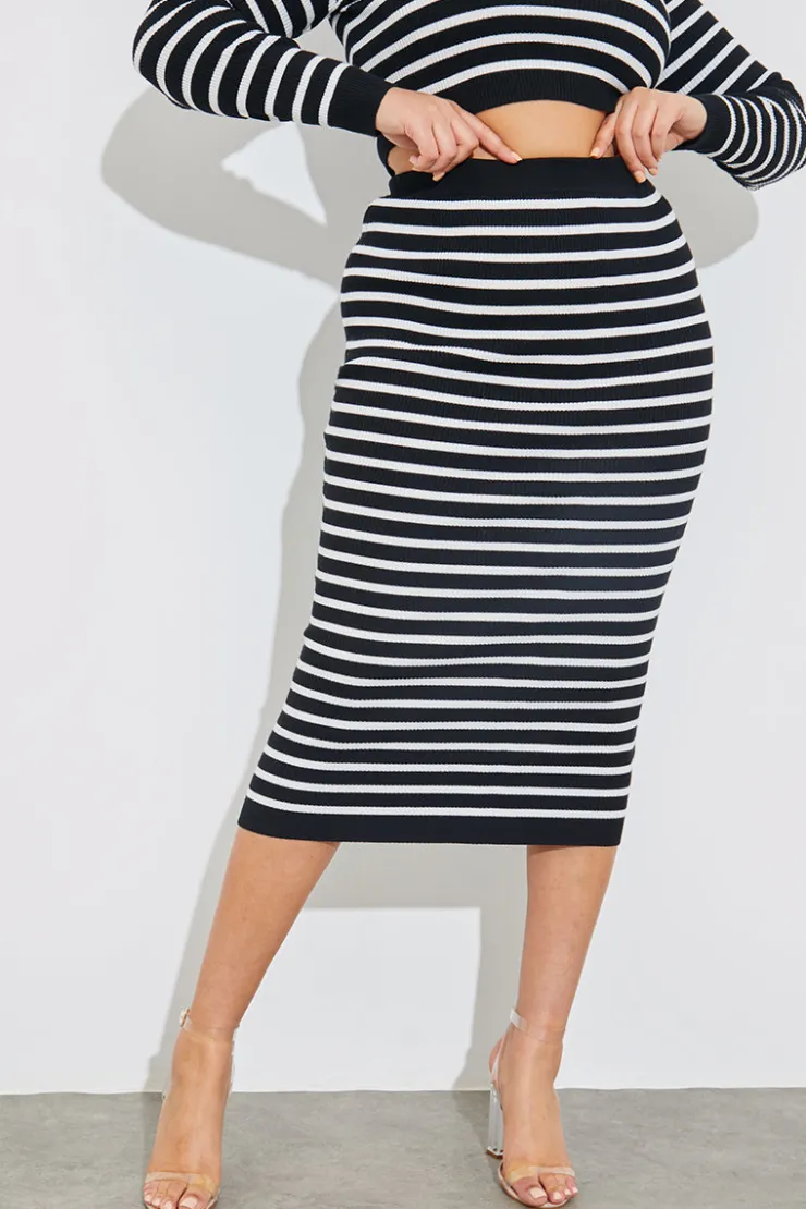 New In The Style Rib Knit Stripe High Waisted Co-Ord Midi Skirt Black