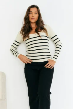 Online In The Style Rib Knit Stripe Scoop Neck Long Sleeve Top Black