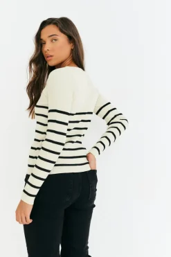Online In The Style Rib Knit Stripe Scoop Neck Long Sleeve Top Black