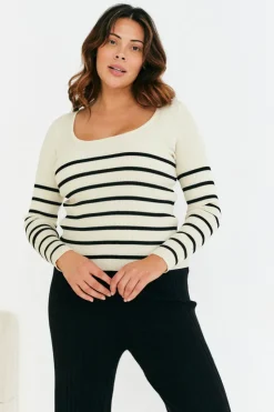 Online In The Style Rib Knit Stripe Scoop Neck Long Sleeve Top Black