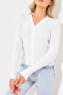 In The Style Ribbed CollaFitted Cardigan White
