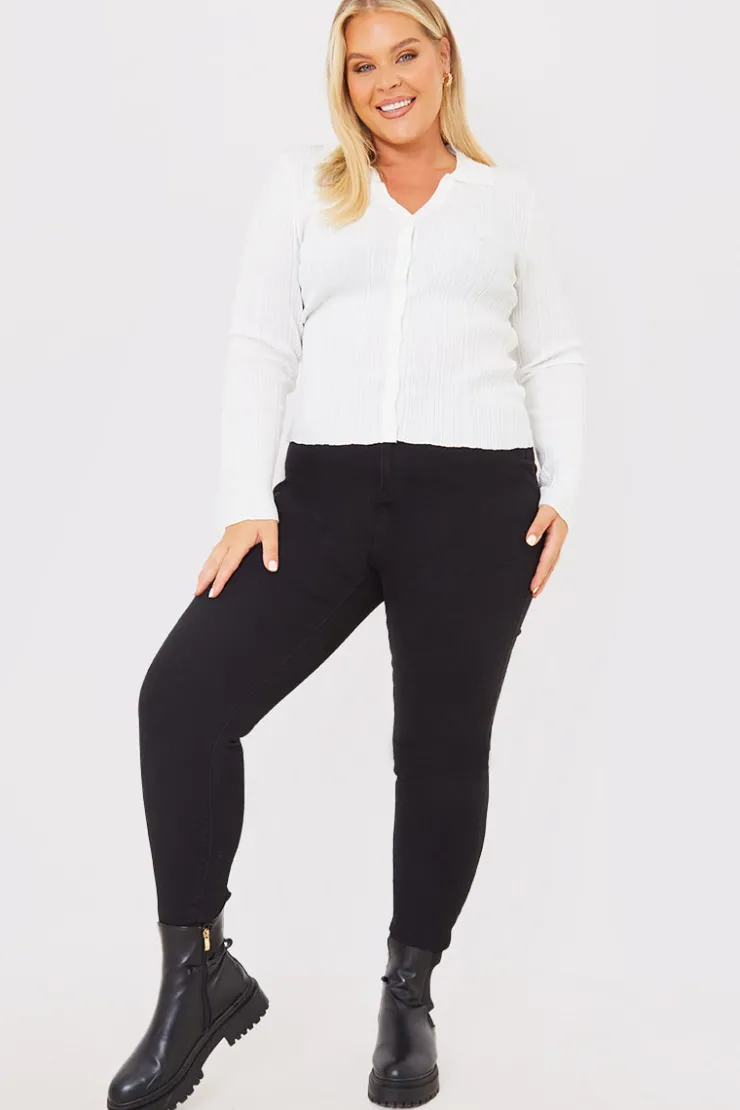 In The Style Ribbed CollaFitted Cardigan White