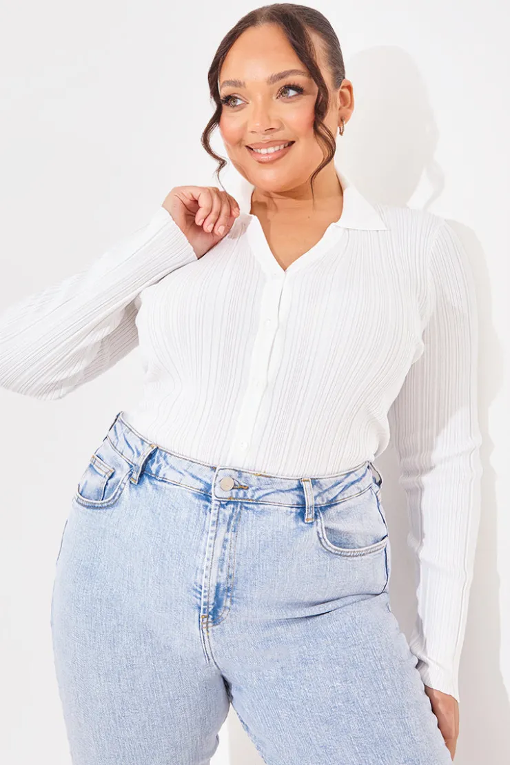 In The Style Ribbed CollaFitted Cardigan White
