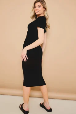 Outlet In The Style Ribbed Crew Neck Short Sleeve Midi Dress Black