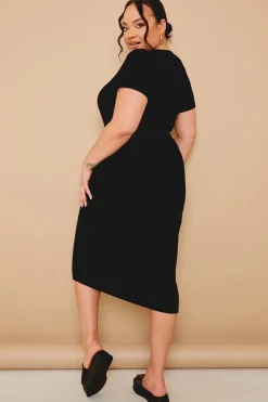 Outlet In The Style Ribbed Crew Neck Short Sleeve Midi Dress Black