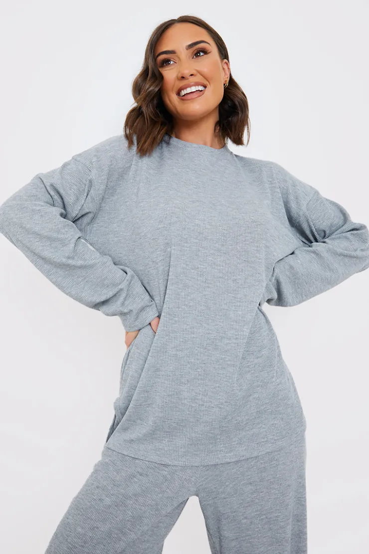 In the Style Ribbed Longsleeve Co Ord Top Grey