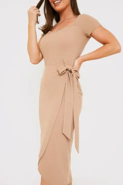 Online In the Style Ribbed Sweetheart Wrap Midi Dress Stone