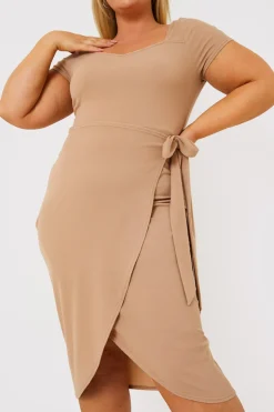Online In the Style Ribbed Sweetheart Wrap Midi Dress Stone
