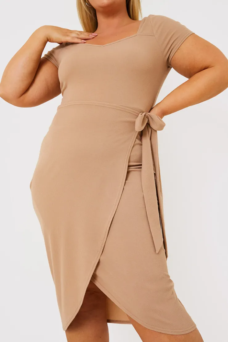 Online In the Style Ribbed Sweetheart Wrap Midi Dress Stone