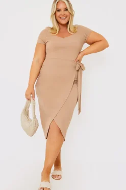 Online In the Style Ribbed Sweetheart Wrap Midi Dress Stone