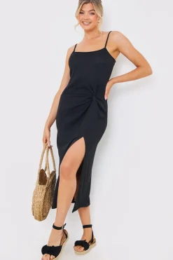 Sale In the Style Ribbed Twist Detail Midi Dress Black
