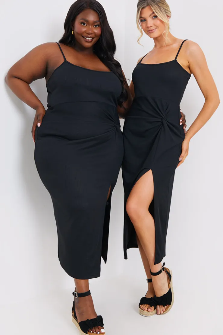 Sale In the Style Ribbed Twist Detail Midi Dress Black