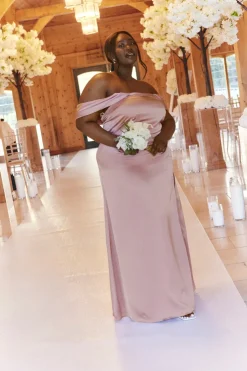 Best In The Style Satin Bardot Ruched Maxi Dress Rose pink