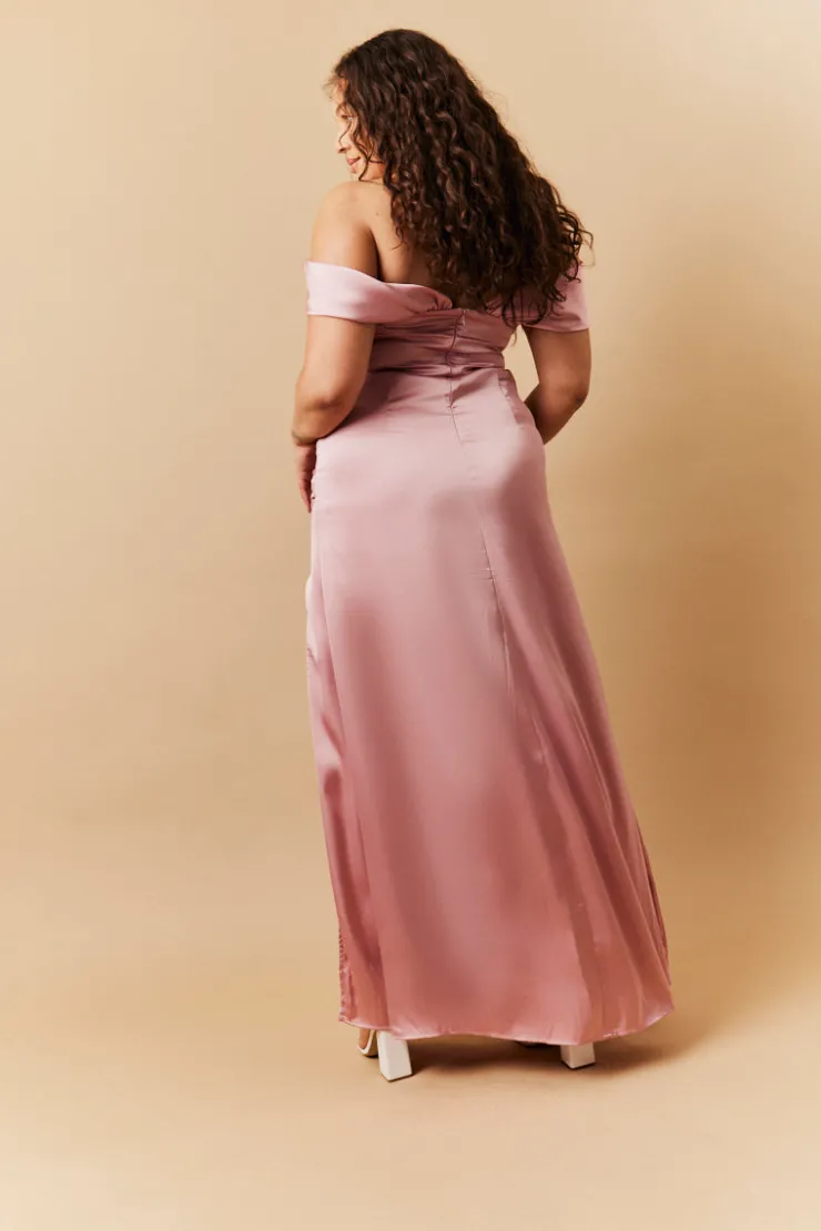 Best In The Style Satin Bardot Ruched Maxi Dress Rose pink